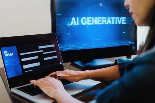 AI generative app. Woman chatting with Artificial Intelligence software in computer laptop. Technology trends