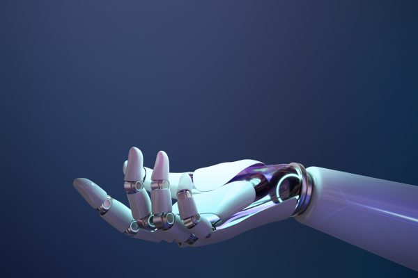 Robot hand background, presenting technology gesture