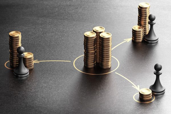 Concept of unequal distribution of income. 3D illustration of generic golden coins and pawns over black background.